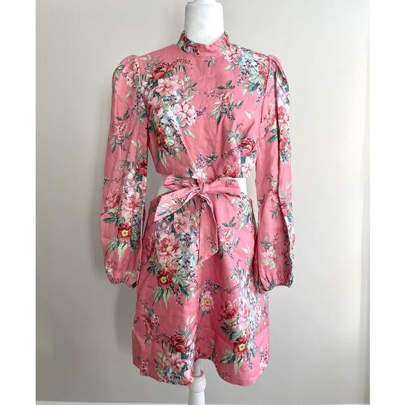 Zimmermann Bellitude Bow Front Pink Floral Linen Mini Dress Size 3/US 10 - Picture 2 of 11